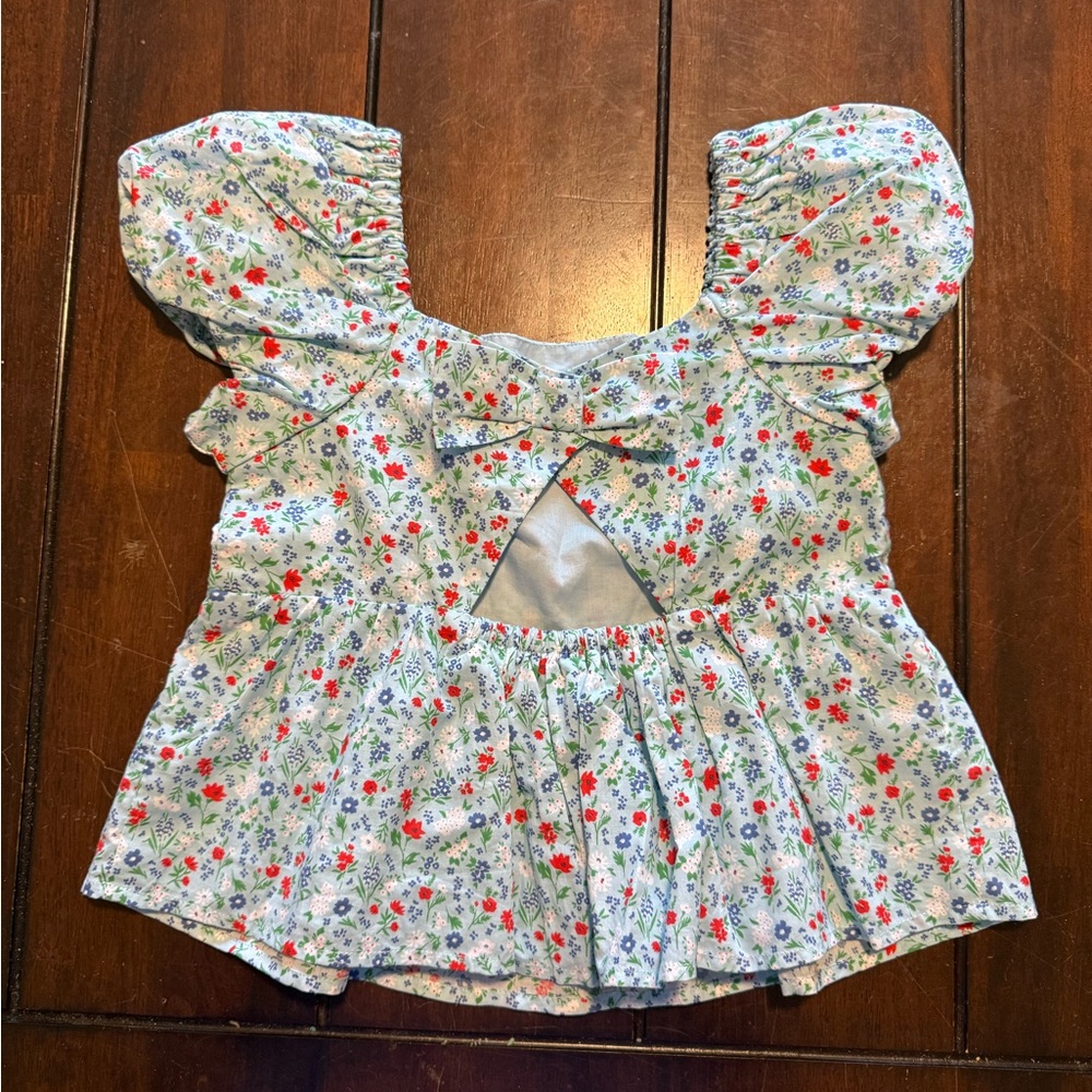 Janie and Jack Light Blue Floral Puff-Sleeve Top with Red & Green Accents